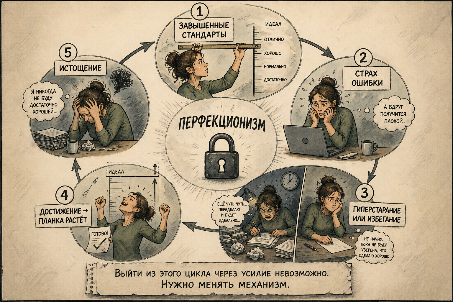 Замкнутый цикл перфекционизма: завышенные стандарты — страх — гиперстарание — сдвиг планки — истощение