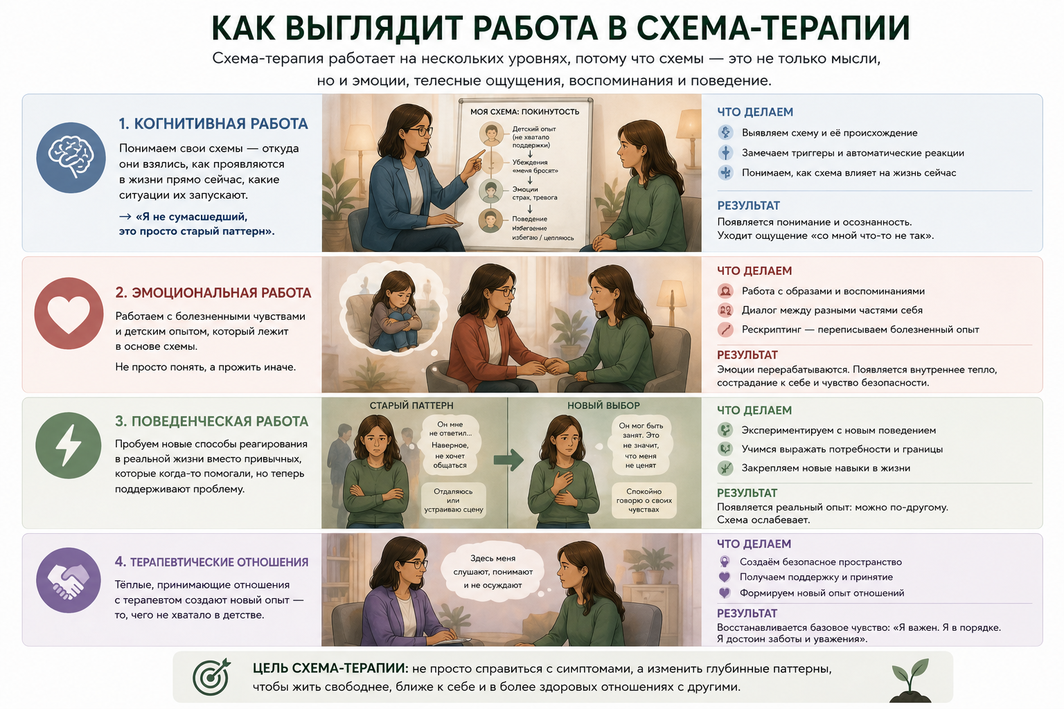 Как проходит работа в схема-терапии — когнитивный, эмоциональный, поведенческий уровни