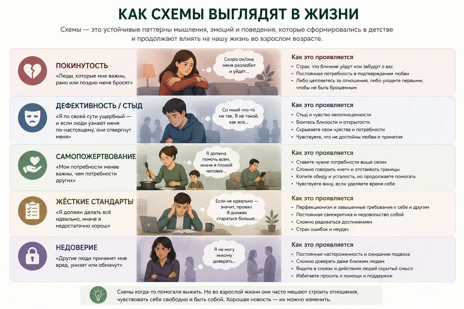 Как схемы выглядят в жизни — примеры схем в схема-терапии: покинутость, стыд, самопожертвование