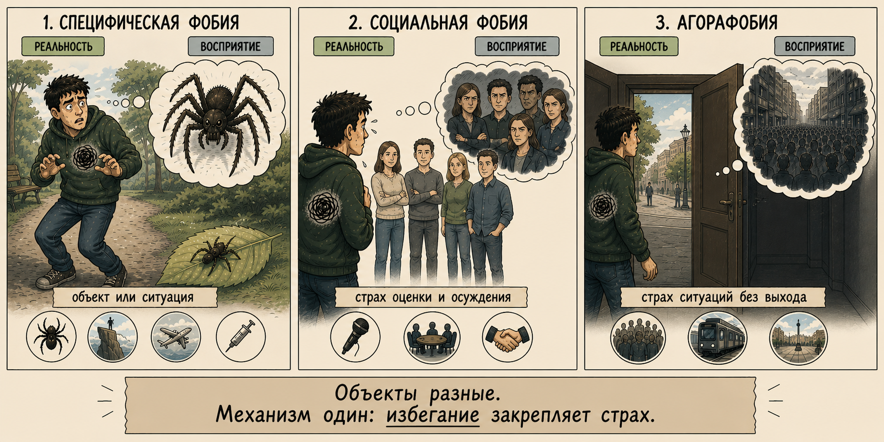 Фобии — три вида: специфическая, социальная, агорафобия