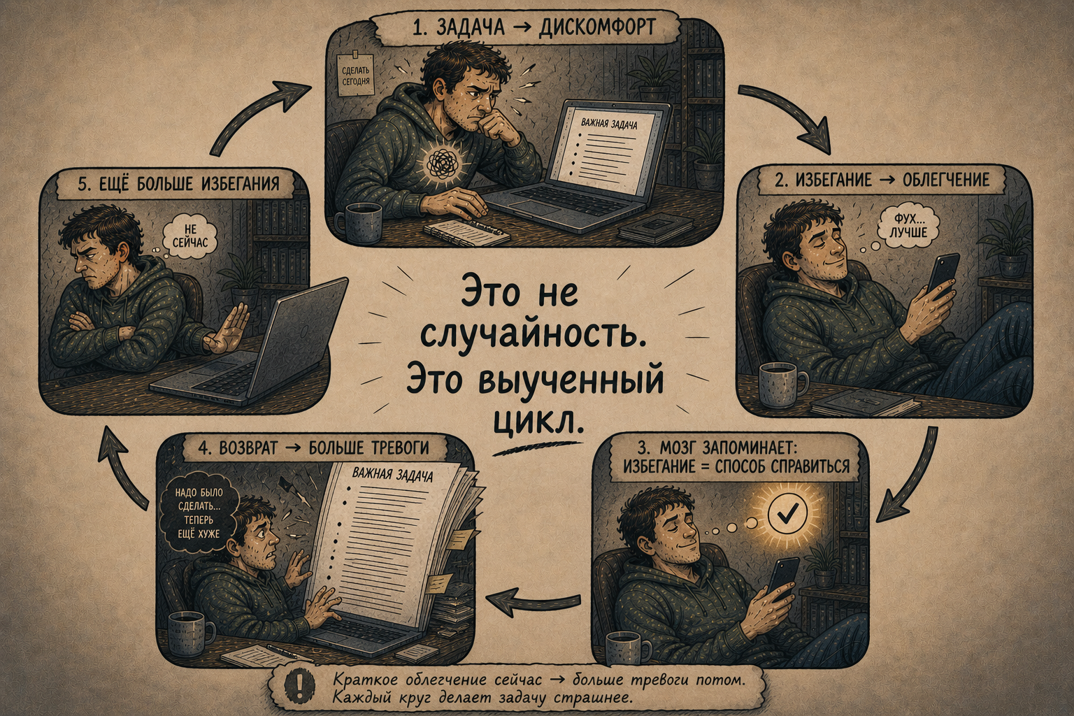 Прокрастинация — выученный цикл: задача — дискомфорт — избегание — облегчение — закрепление — больше тревоги