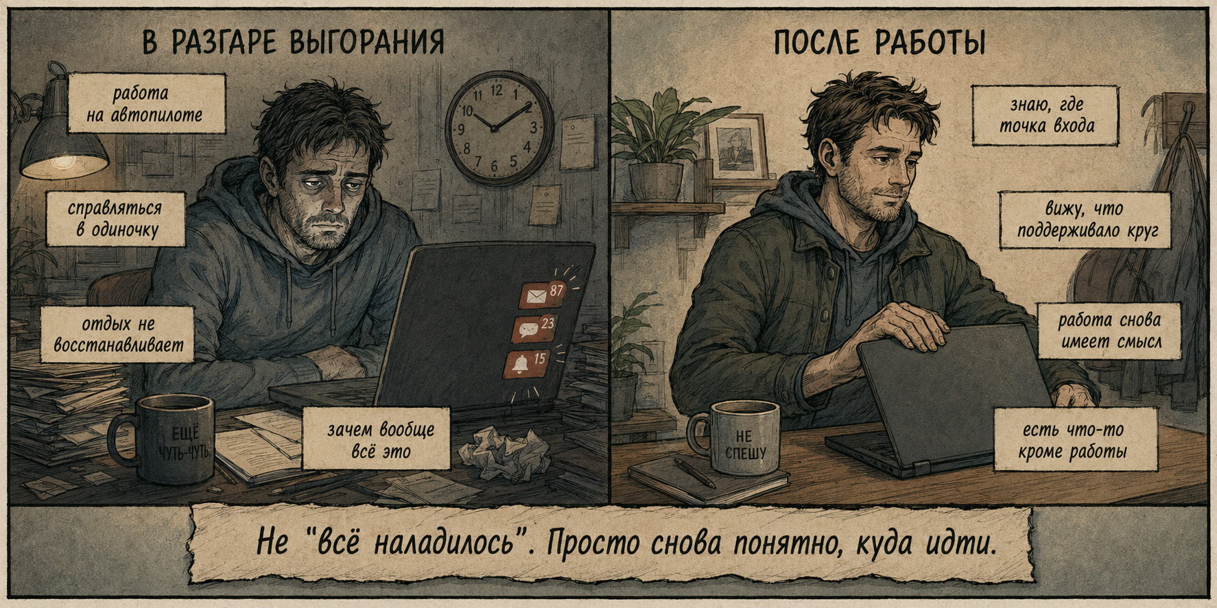выгорание на работе — до и после работы с психологом