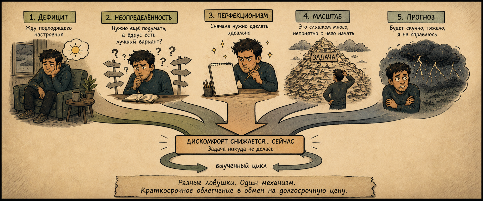 Ловушки прокрастинации — общий механизм: краткосрочное облегчение в обмен на долгосрочную цену
