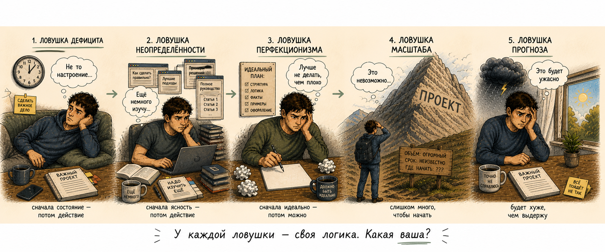 Прокрастинация — пять когнитивных ловушек: дефицита, неопределённости, перфекционизма, масштаба, прогноза