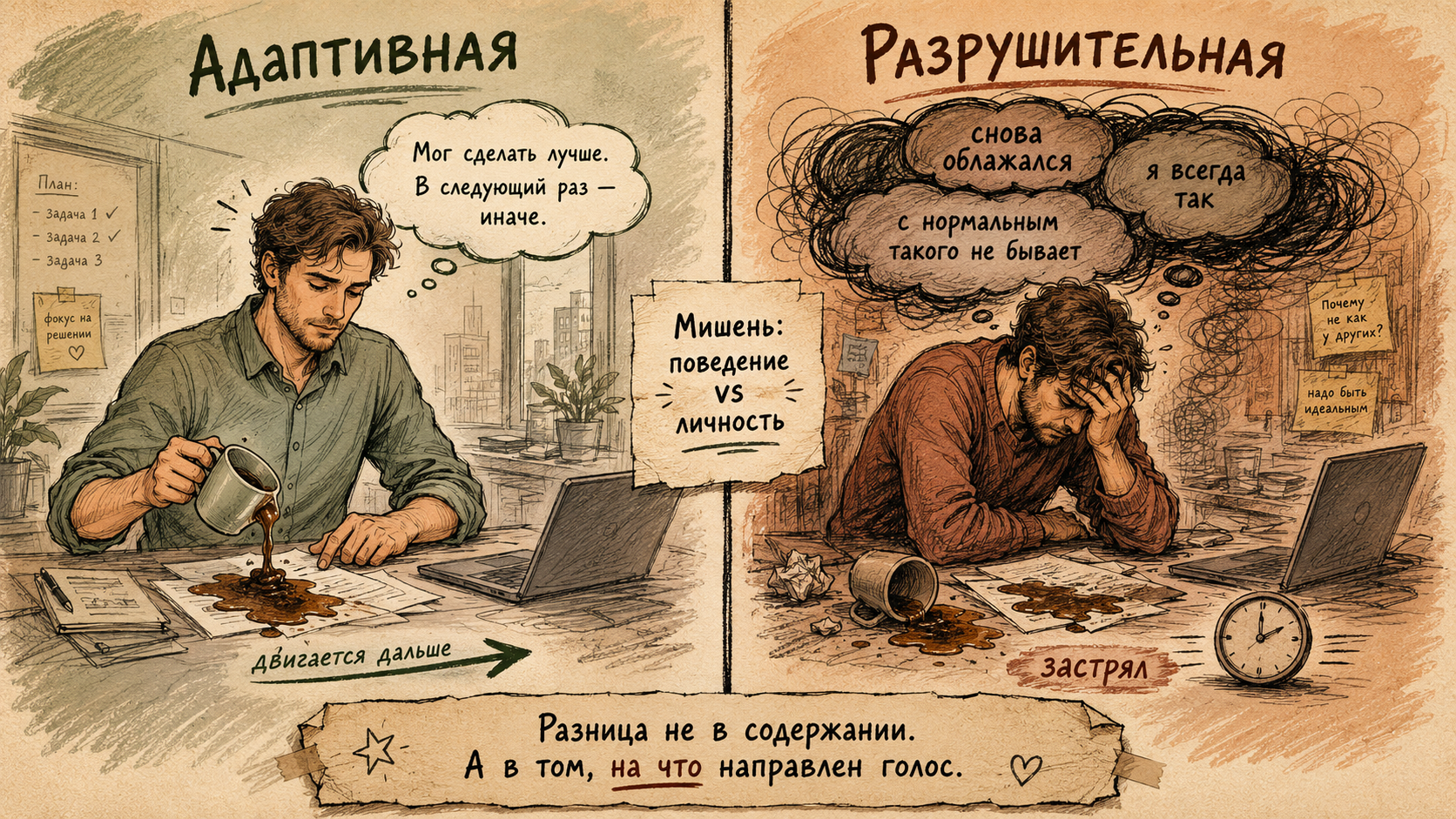 самокритика адаптивная и разрушительная — в чём разница: мишень поведение vs личность