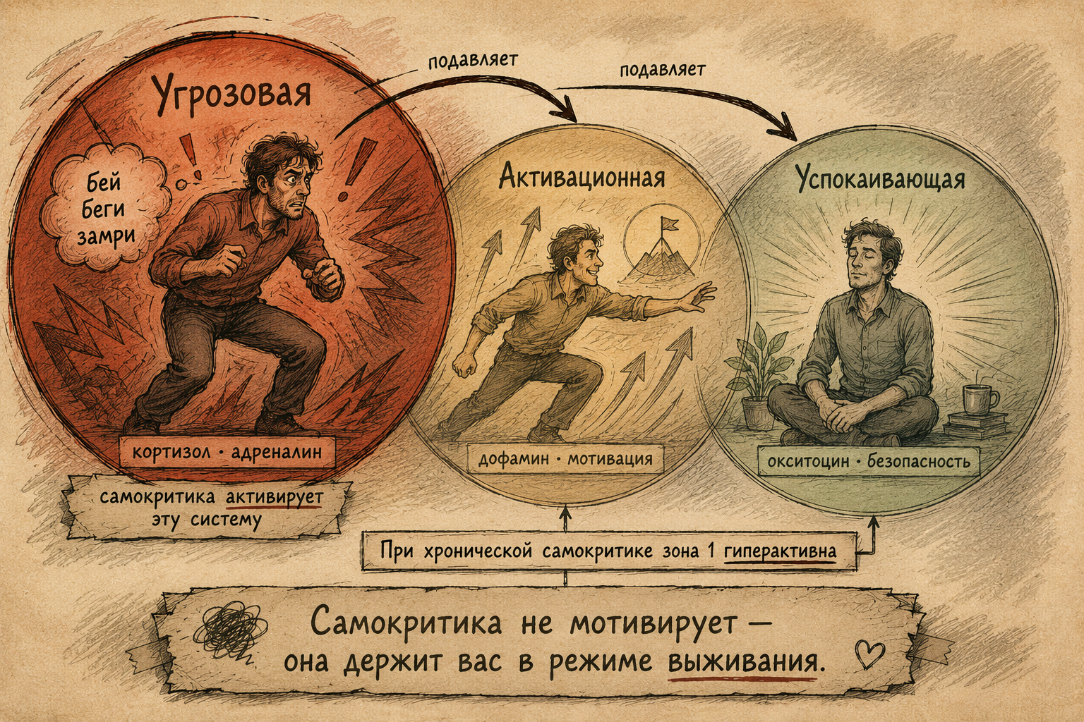 самокритика и три системы мозга по CFT: угрозовая, активационная, успокаивающая