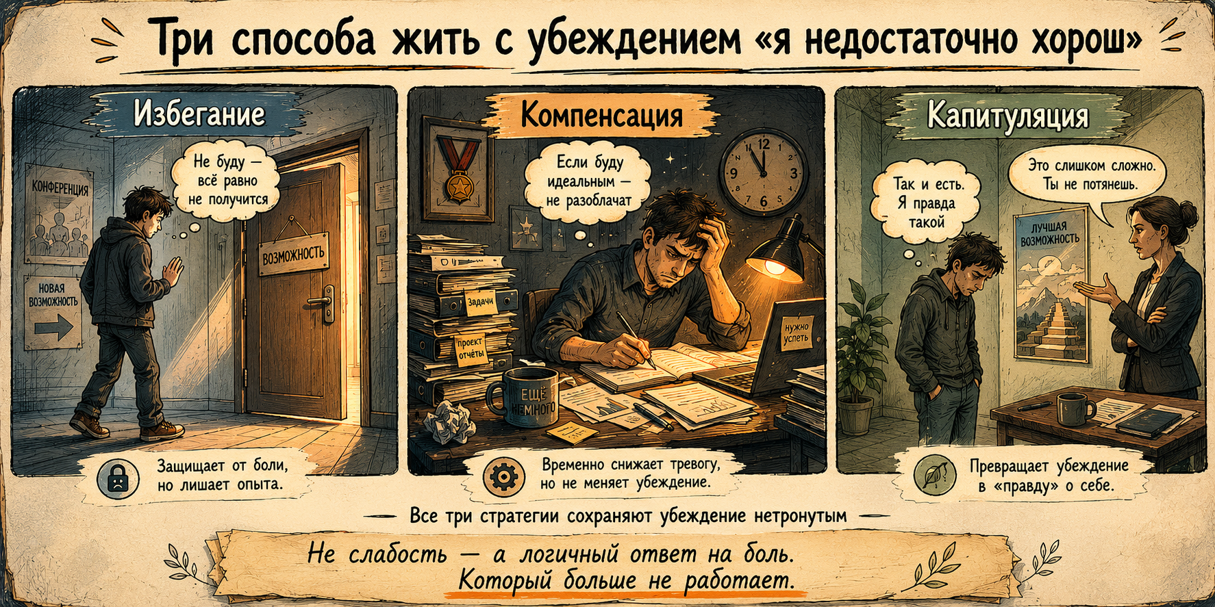 низкая самооценка — три стратегии: избегание, компенсация, капитуляция