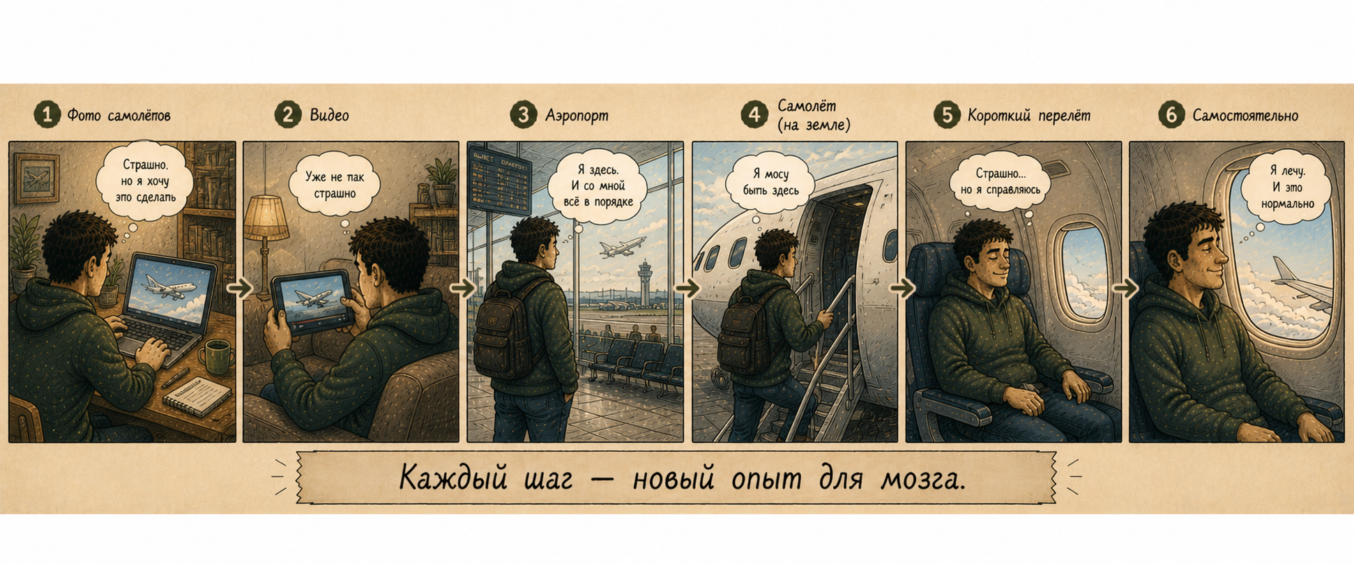 Фобии — лестница экспозиции при аэрофобии: от фото самолёта до самостоятельного перелёта