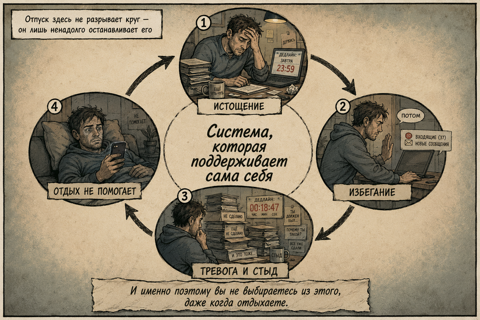 выгорание на работе — замкнутый круг истощения, избегания и тревоги