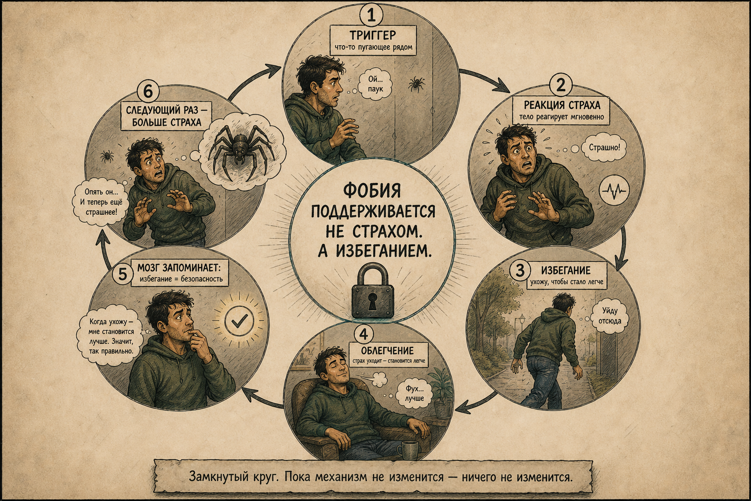Фобии — выученный цикл: триггер — реакция страха — избегание — закрепление — больше страха