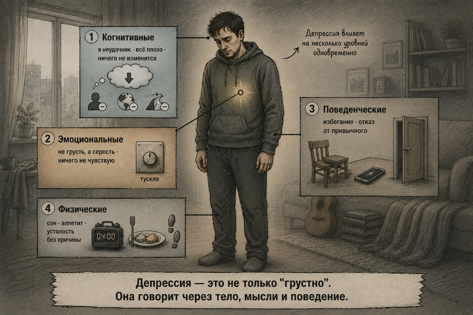симптомы депрессии — когнитивные, эмоциональные, поведенческие, физические