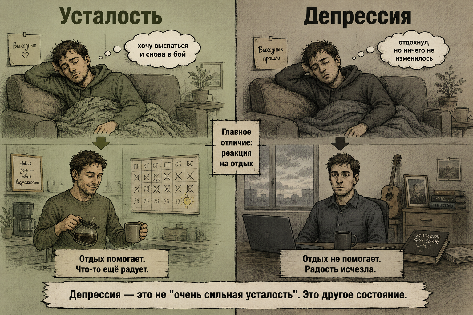 депрессия или усталость — как отличить: сравнение двух состояний