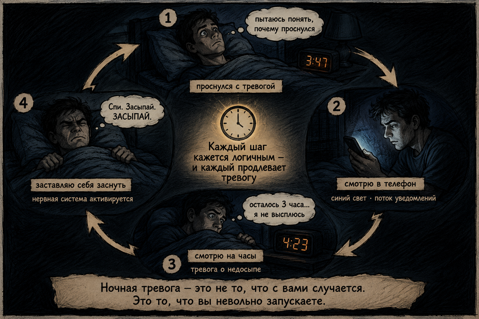 тревога ночью — замкнутый круг: телефон, часы, давление заснуть усиливают тревогу