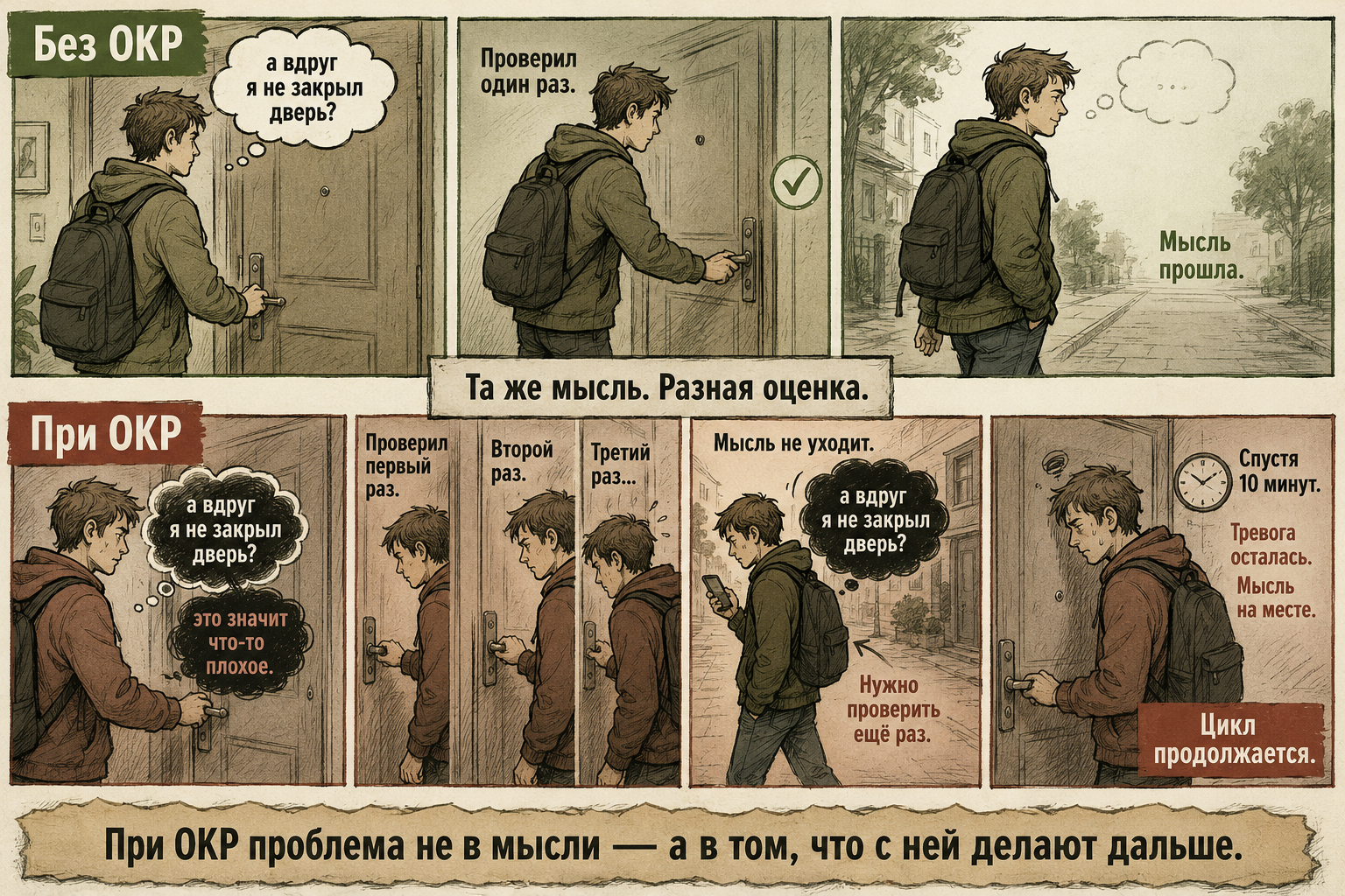 ОКР или тревога — одна мысль, два разных пути: без ОКР мысль проходит, при ОКР запускает цикл