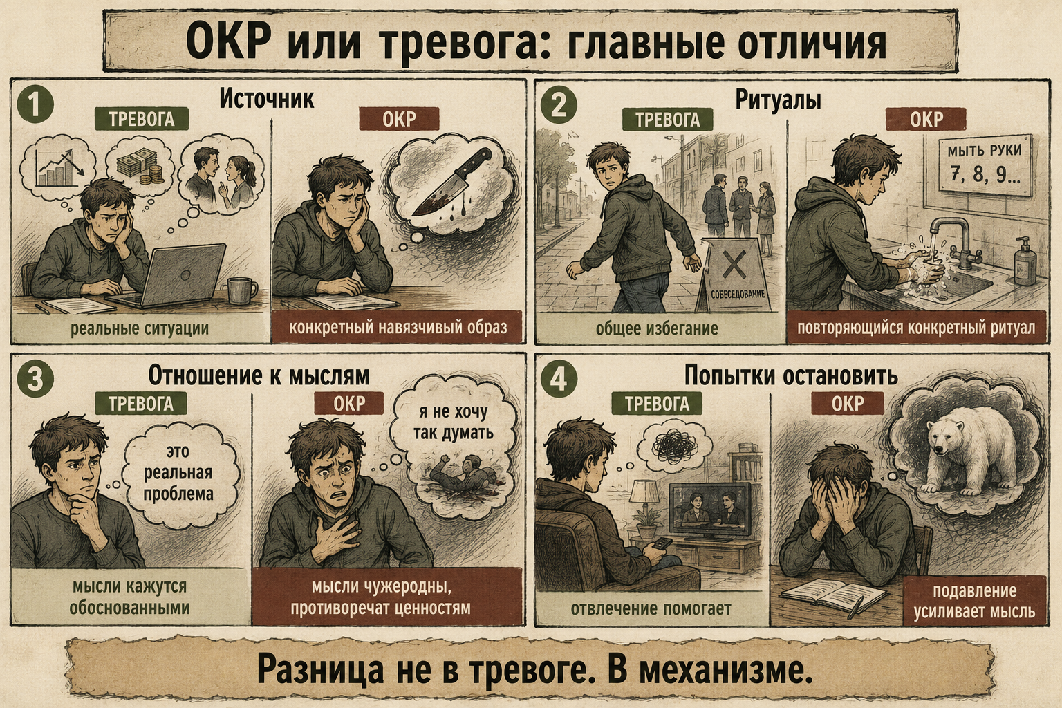 ОКР или тревога — главные отличия: источник тревоги, компульсии, отношение к мыслям