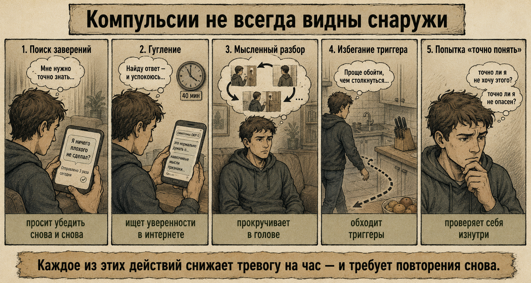 компульсии при ОКР незаметные — гугление, reassurance, мысленные разборы, избегание триггеров