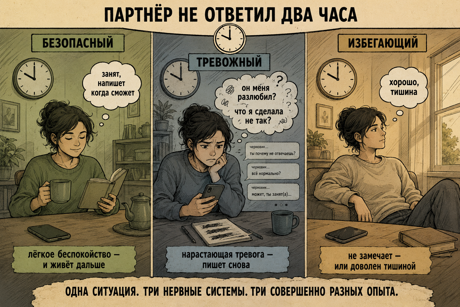 типы привязанности — безопасный, тревожный, избегающий: три реакции на одну ситуацию
