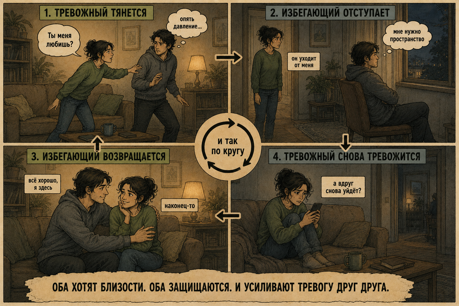 тревожный и избегающий тип привязанности — цикл притяжения и отталкивания