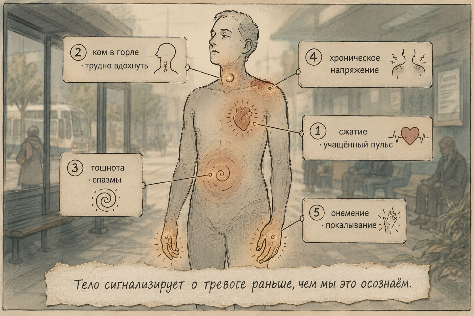 тревога в теле — физические симптомы тревоги: грудь, горло, живот, мышцы, вегетативные