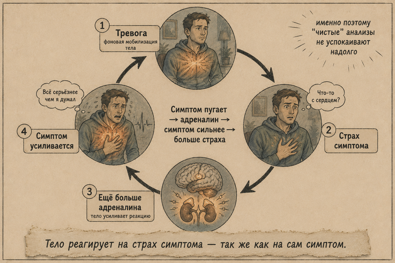 тревога в теле — второй замкнутый круг: страх симптома усиливает симптом