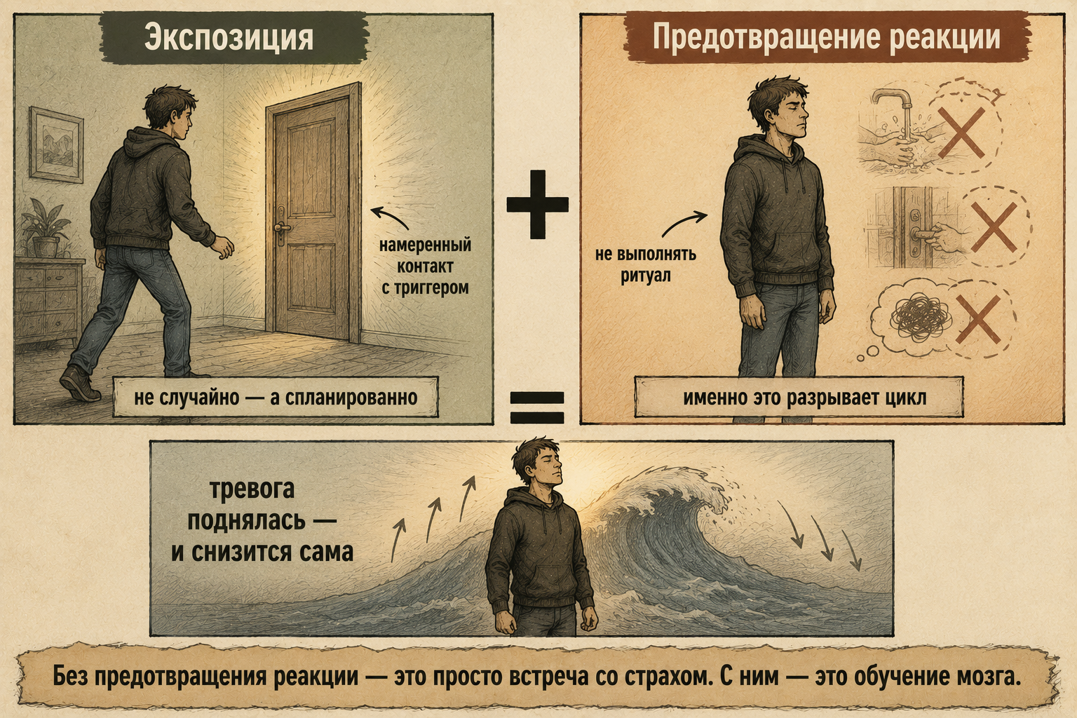 экспозиция с предотвращением реакции — два компонента метода: экспозиция и отказ от ритуала