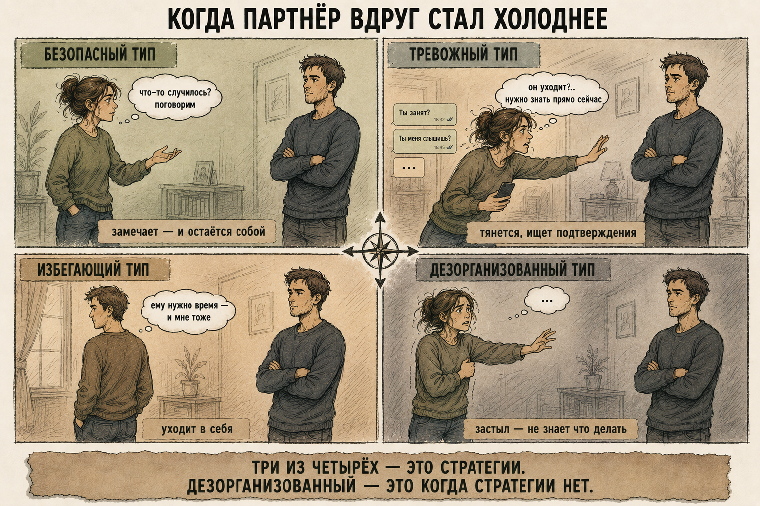 дезорганизованный тип привязанности — сравнение с тревожным, избегающим и безопасным типом