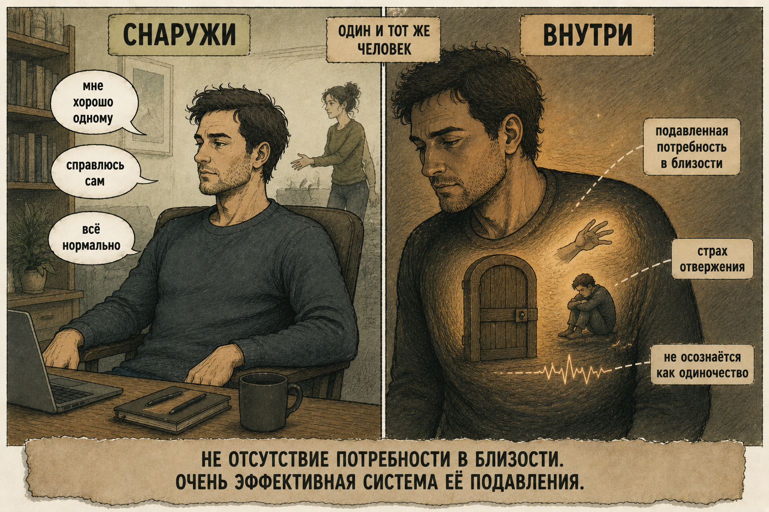 избегающий тип привязанности — снаружи спокойствие, внутри подавленная потребность в близости